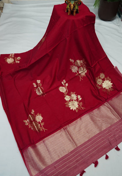 Semi Tussar Saree with Floral Zari Motifs - Brick Red