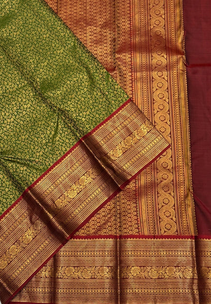 Pure Kanchipuram Silk Saree-Green in Antique Gold Temple Floral Zari with Contrast Border
