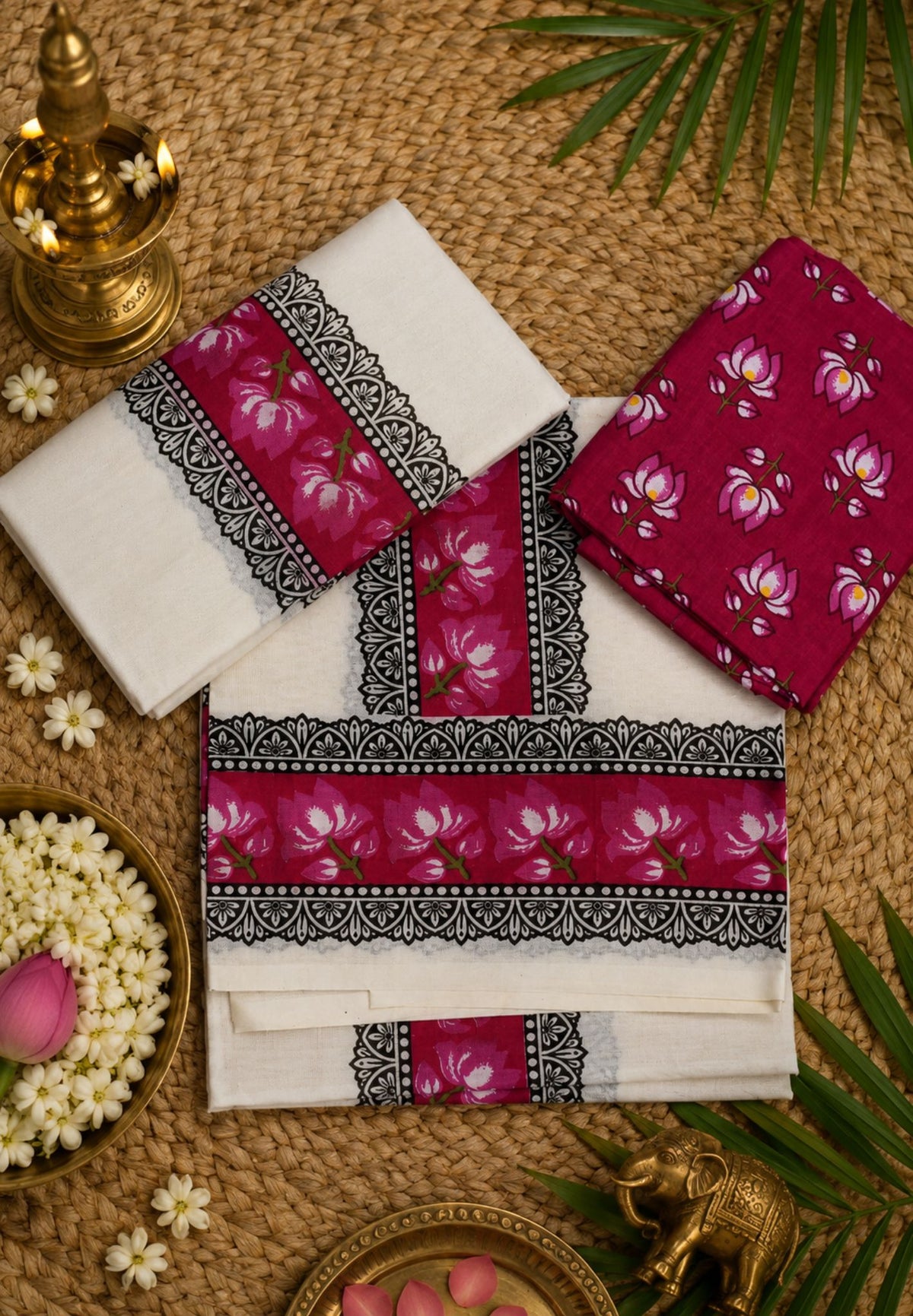 Cotton Set Mund-Off White - Pink with Pichwai Border