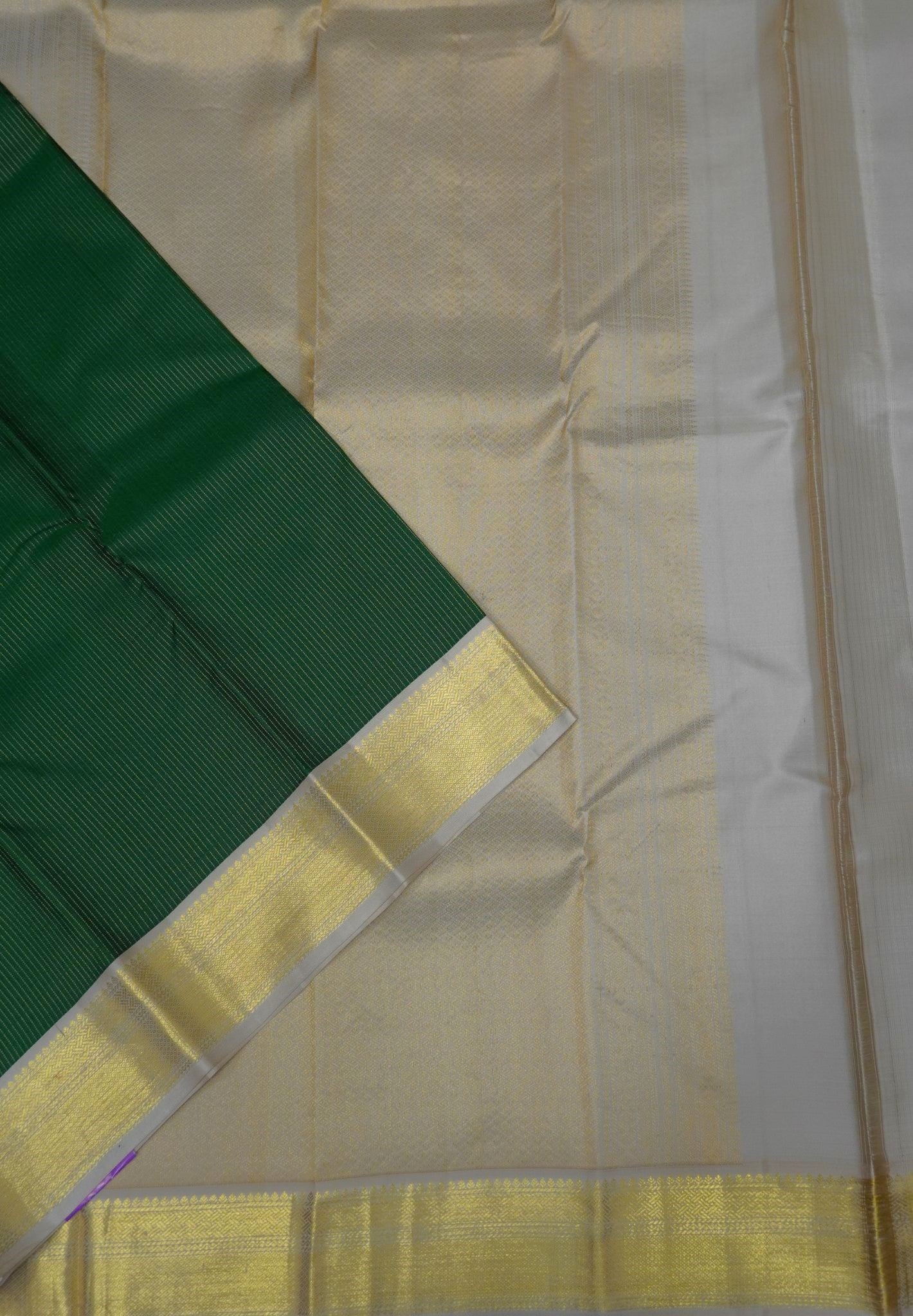 Pure Kanchipuram Korvai Silk Saree-Bottle Green-Beige Zari lines