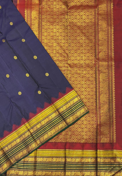 Pure Kanchipuram Silk Saree-Navy Blue In Diamond Jaal Zari Border