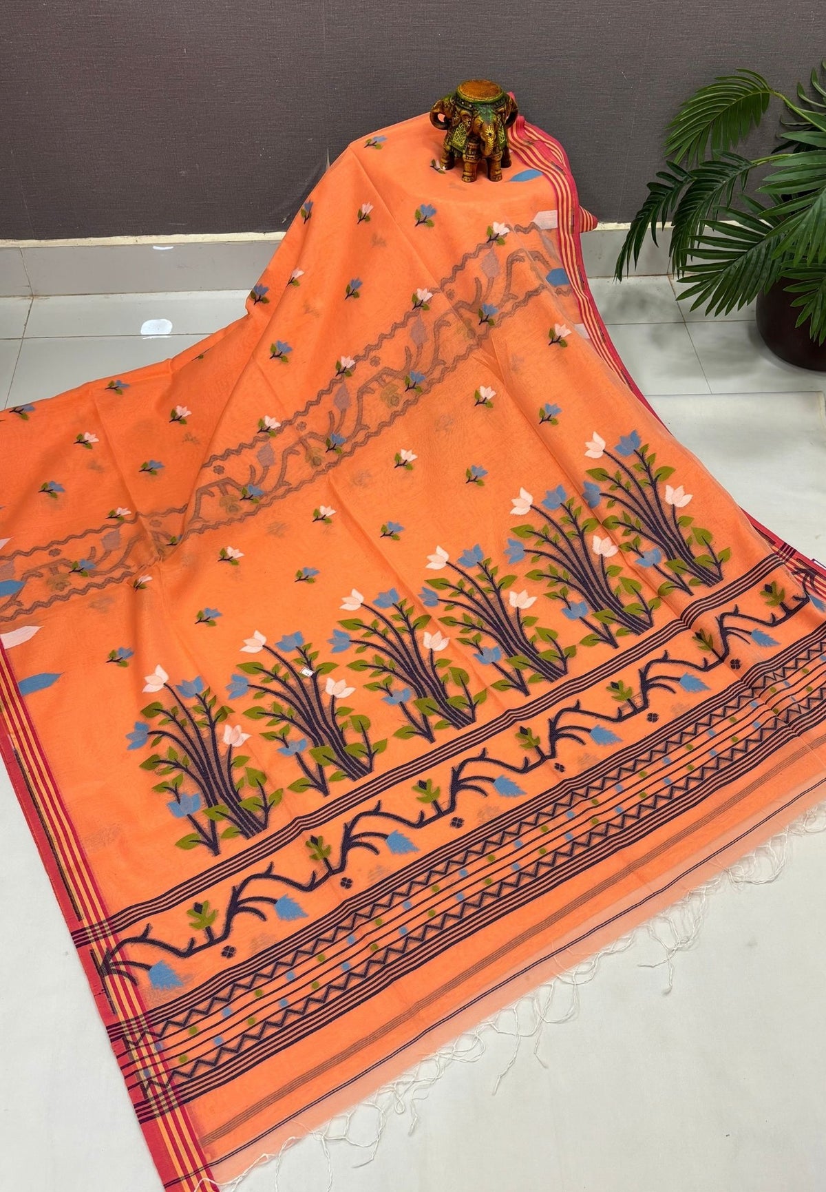 Handloom Cotton Saree-Light Orange In Lotus Floral Border