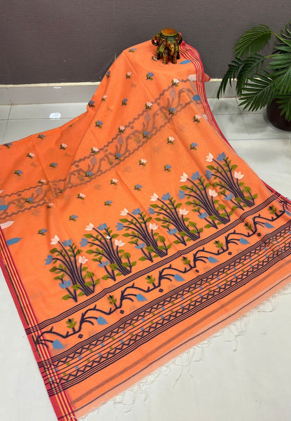 Handloom Cotton Saree-Light Orange In Lotus Floral Border