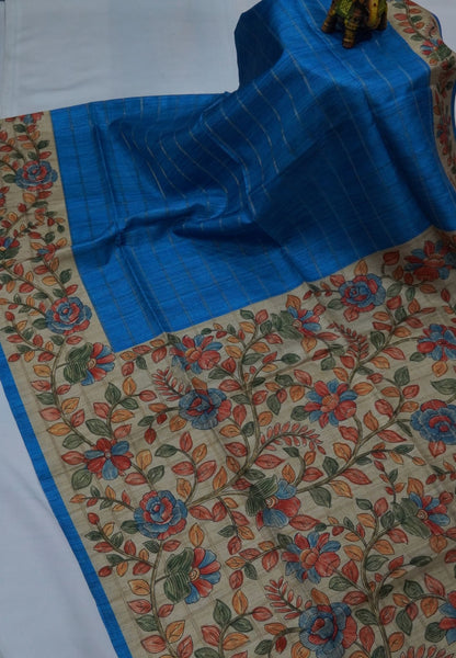 Semi Tussar Saree-Blue