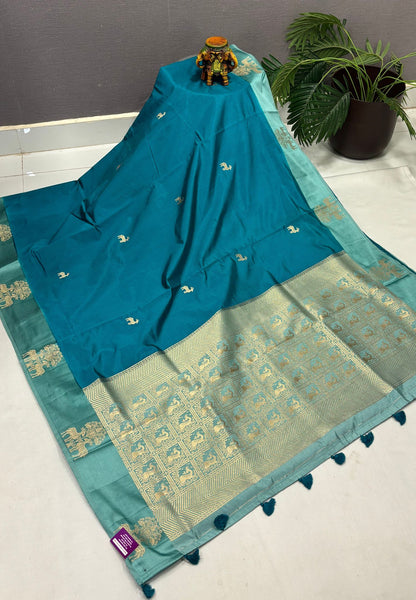 Mulberry Silk Saree-Tone of Blue with Deer Border