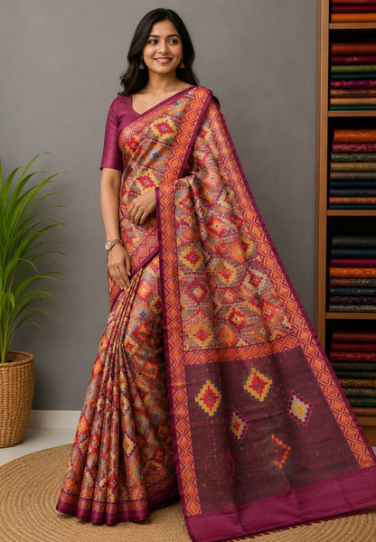 Pure Tussar Saree-Red in Ikkat Pattern