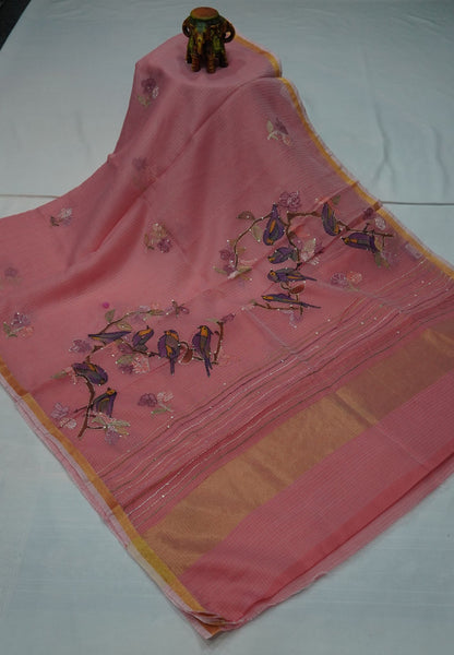 Kota Saree with Bird Embroidery Work - Peach