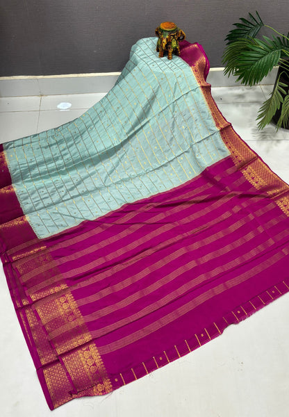 Viscose Saree-Sea Blue in Checked Zari Pattern Border
