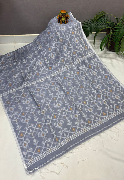 Handloom Cotton Saree-Grey in Diamond Pattern Border