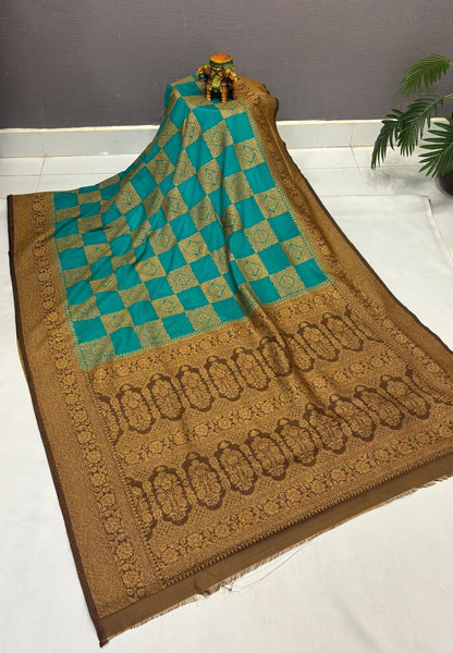 Banarasi Crepe Saree-Ramar Green In Square Check Brocade With Contrast Border