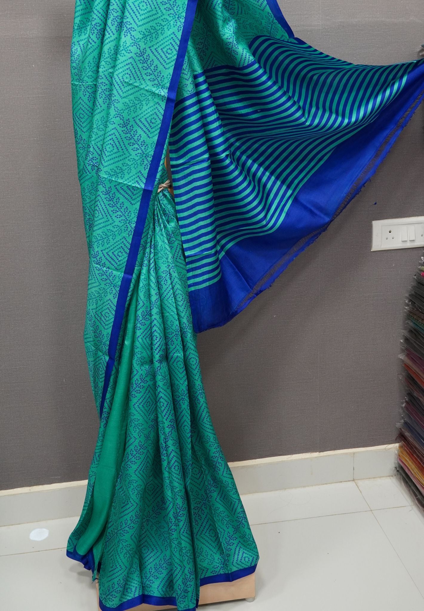 Pure Tussar Saree-Sky Blue in Bandhini Pattern