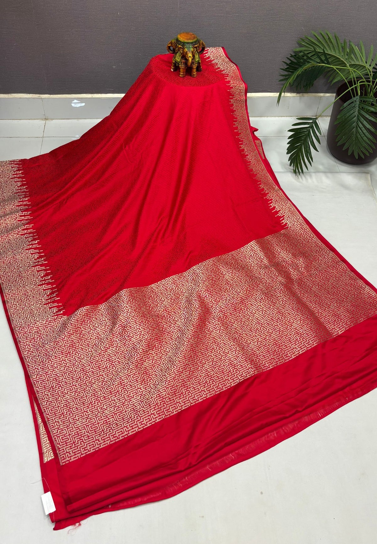 Crepe Silk Saree-Red In Geometric Maze Zari Border