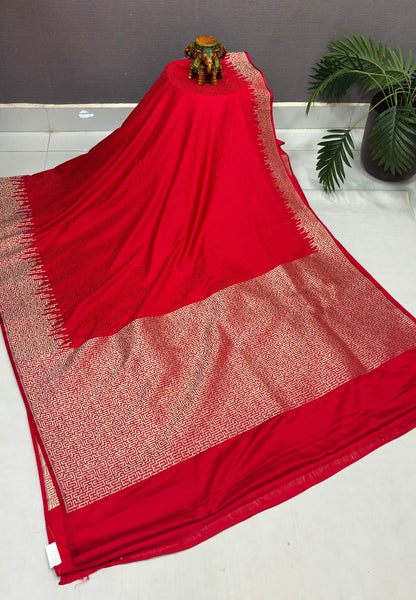 Crepe Silk Saree-Red In Geometric Maze Zari Border