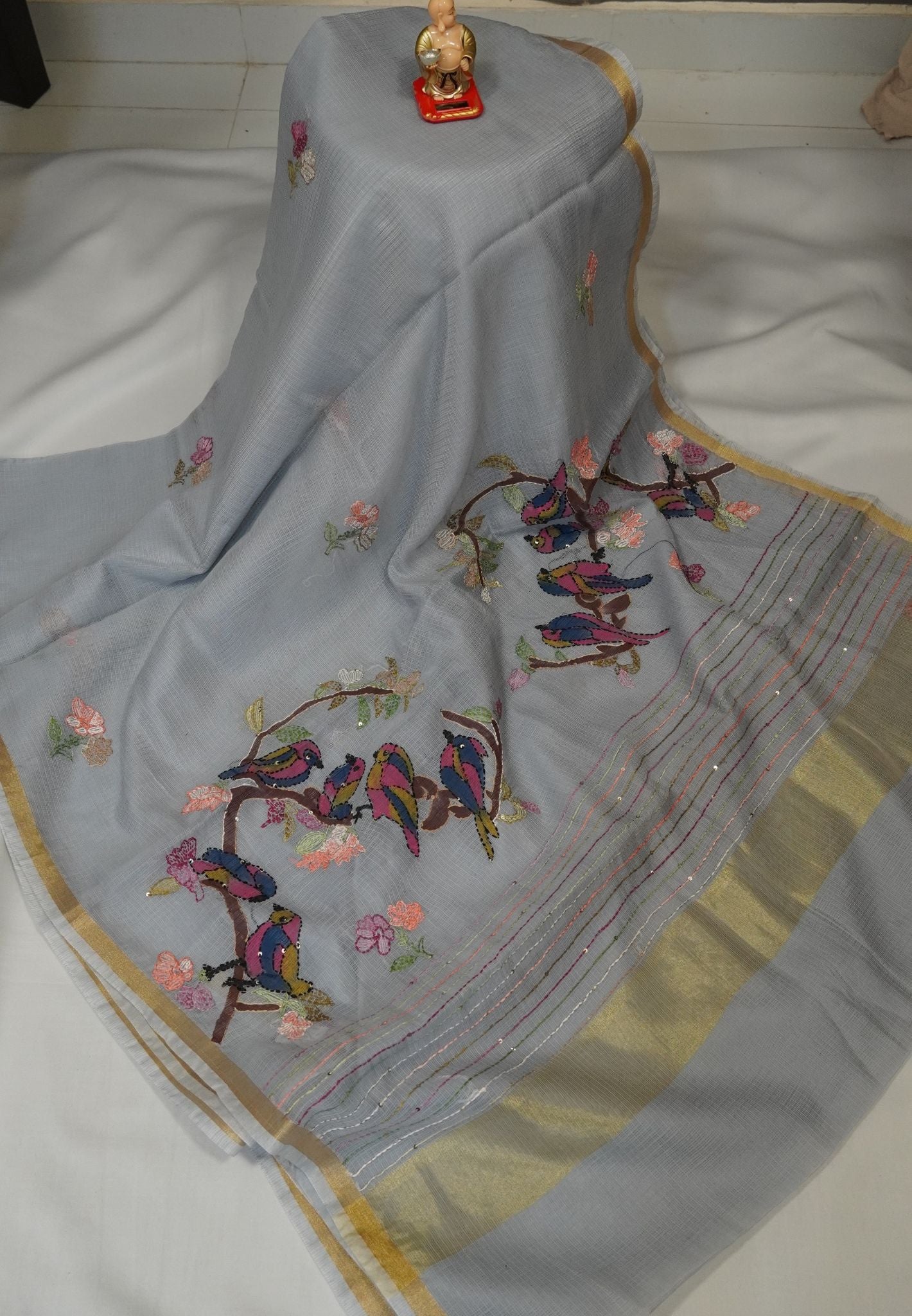 Kota Saree with Bird Embroidery Work - Grey
