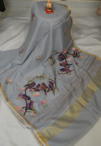 Kota Saree with Bird Embroidery Work - Grey