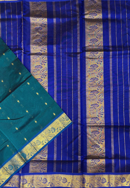 Silk Cotton Saree–Peacock Green-Blue in Mini Buttas with Contrast Border