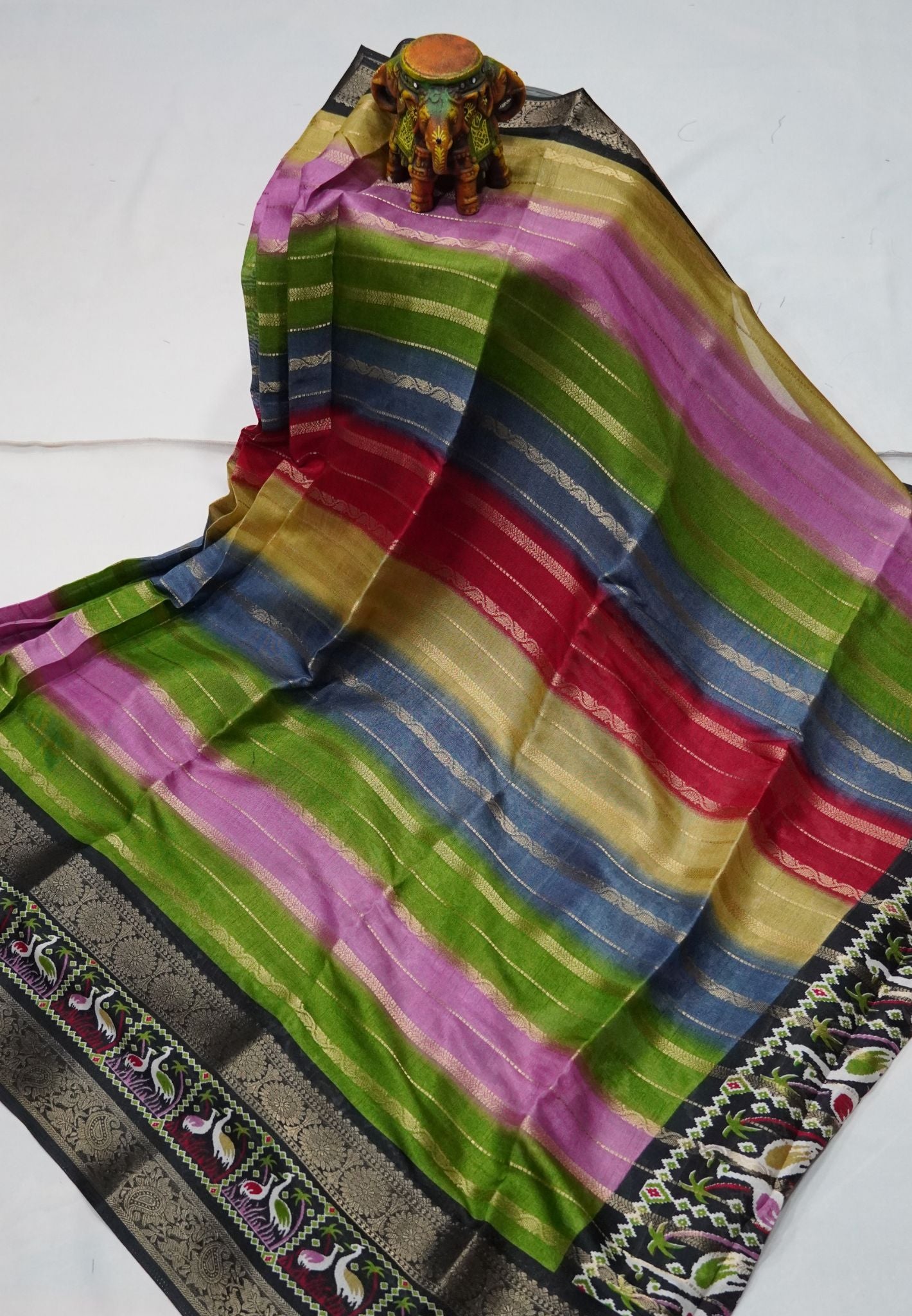 Dola Silk Saree-Rainbow with Crane Border