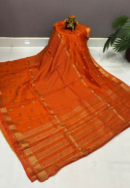 Viscose Saree-Rust Orange In Fine Stripe Zari Border