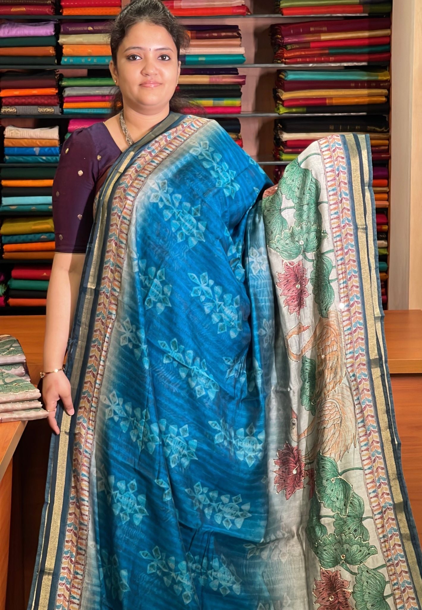 Malai cotton Saree-Peacock Blue with Kutch Work