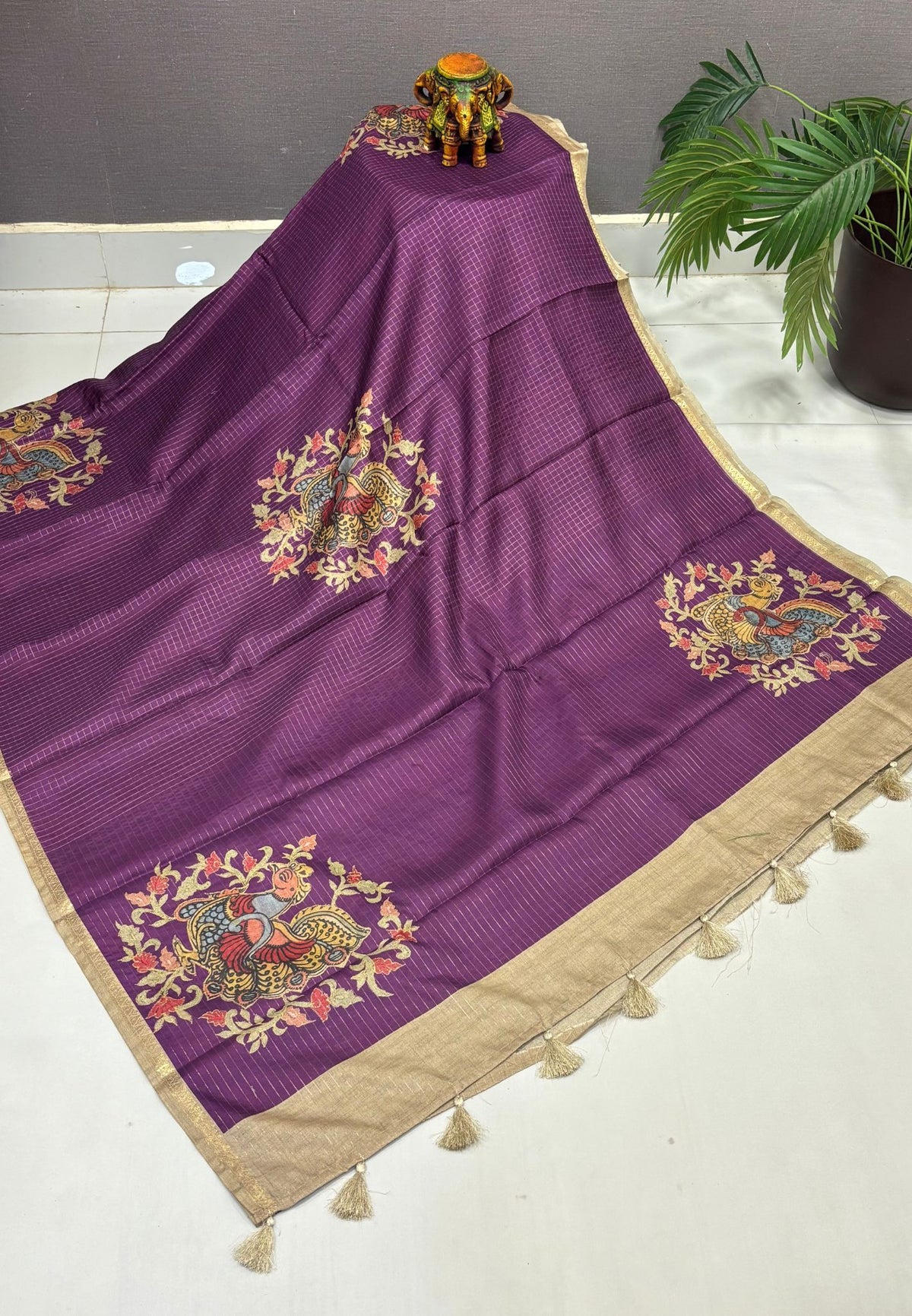 Soft Tussar Saree-Purple In Kalamkari Peacock Border
