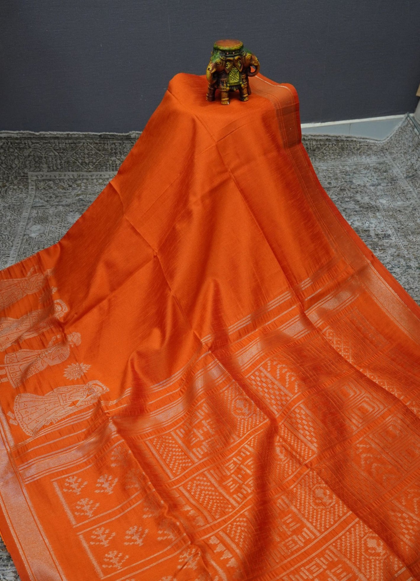 Semi Raw Silk Saree - Orange with Doll Zari