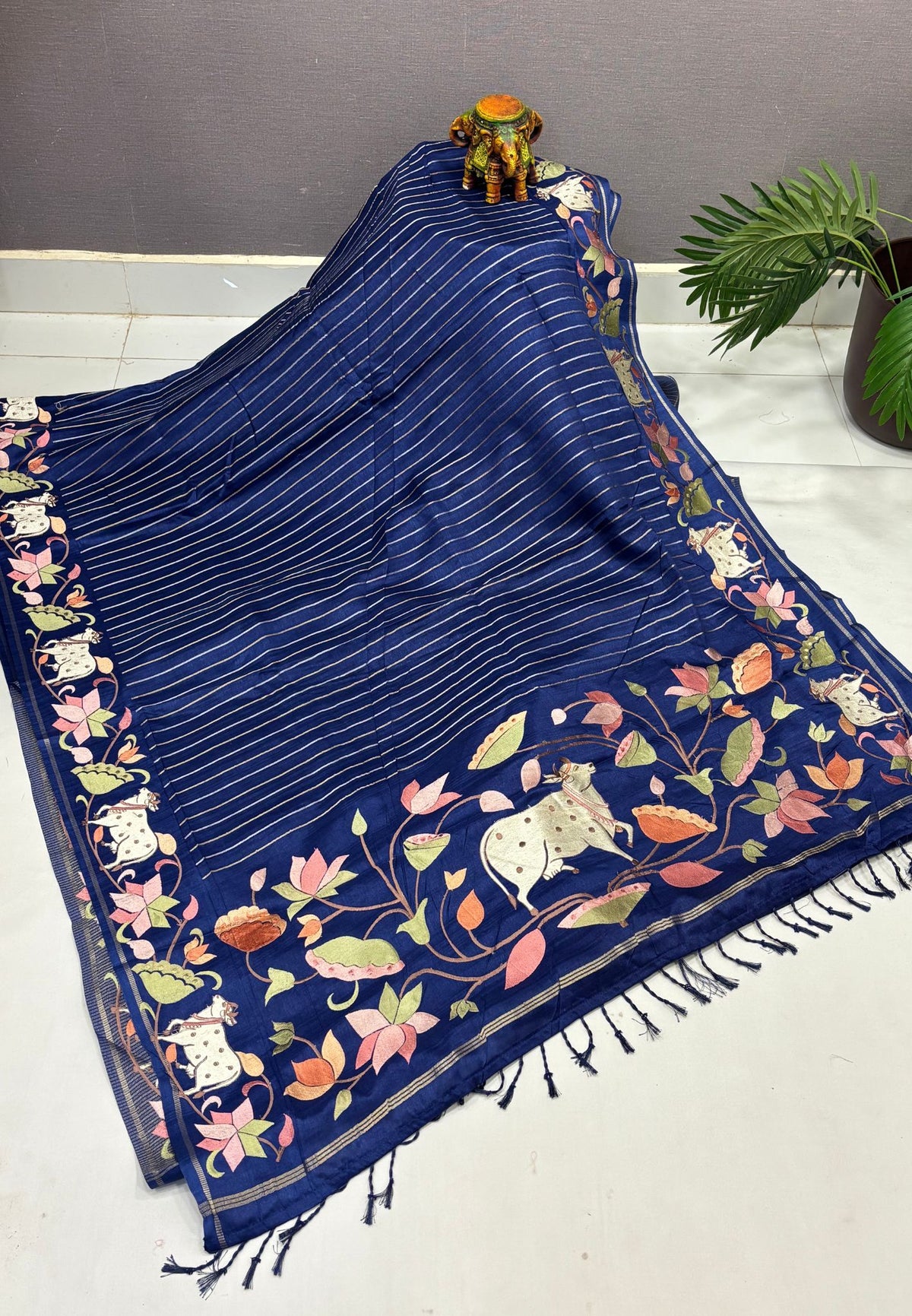 Tussar Saree-Blue with Zari Stripes in Pichwai Embroidery Border