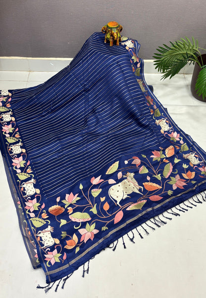 Tussar Saree-Blue with Zari Stripes in Pichwai Embroidery Border