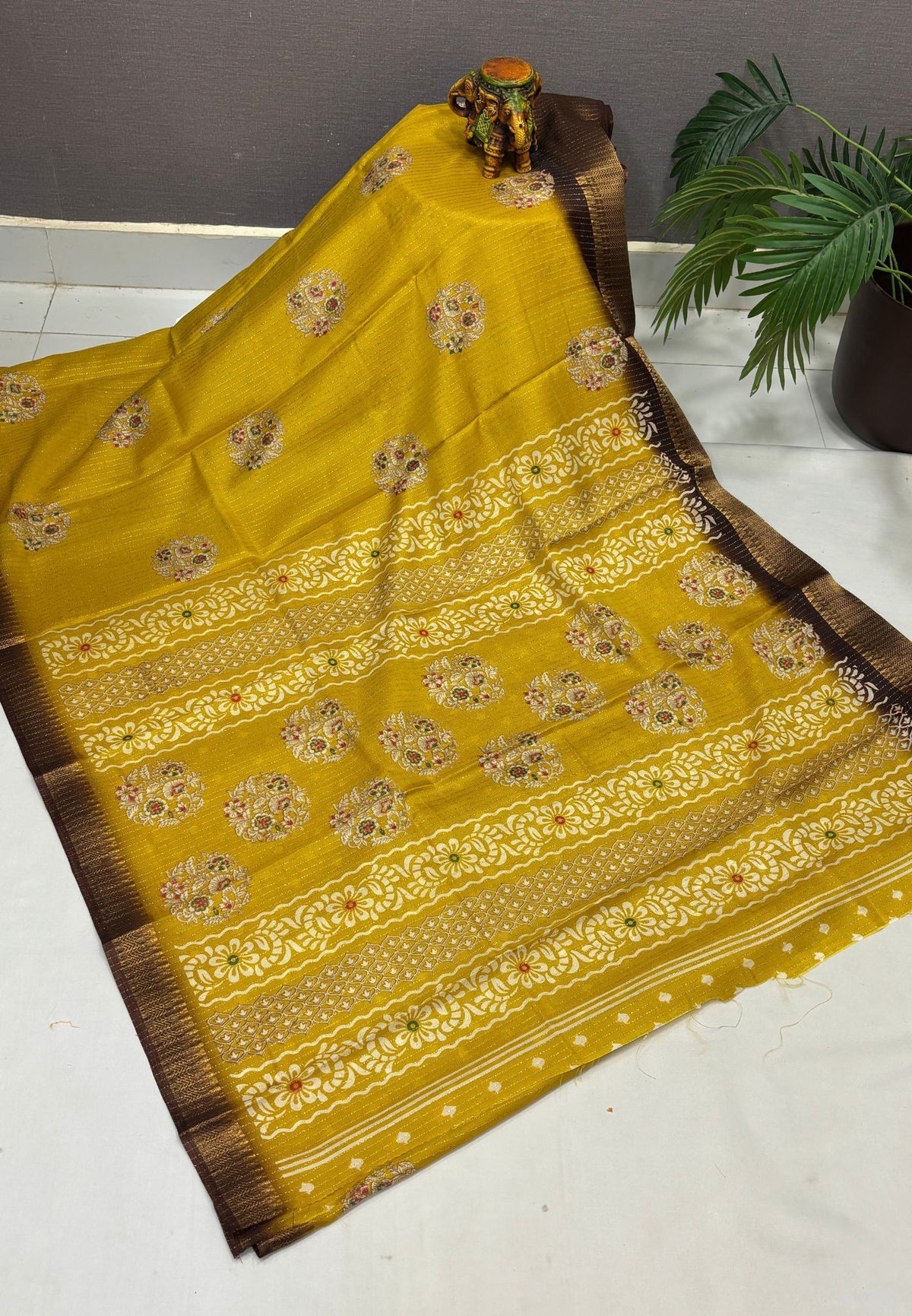 Semi Dola silk saree-Yellow with zari lines