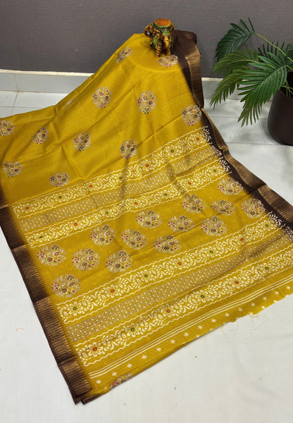 Semi Dola silk saree-Yellow with zari lines