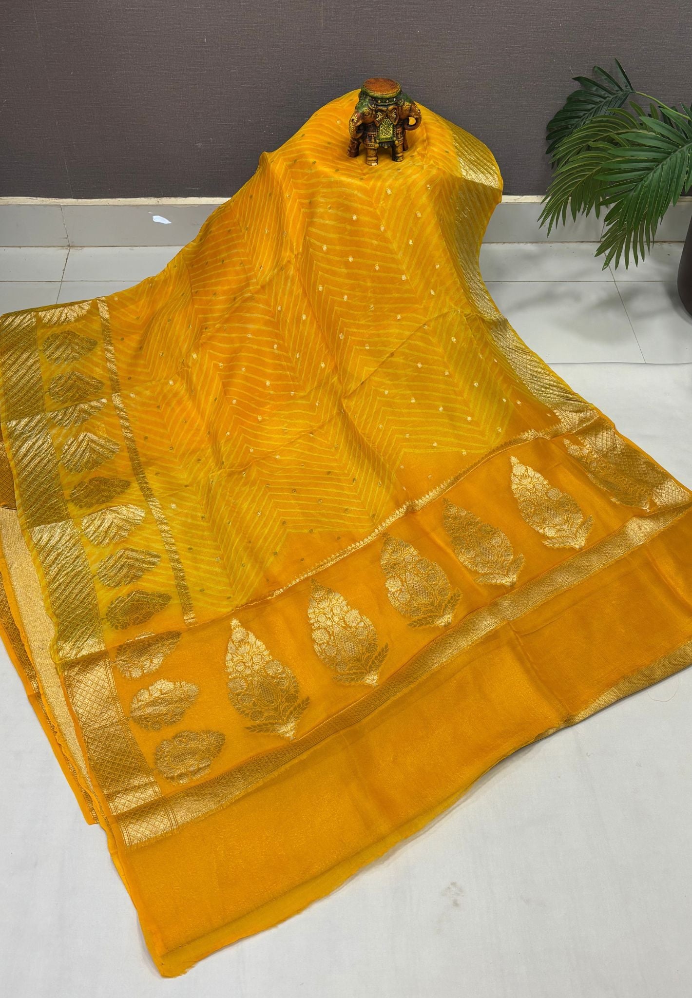 Pure Organza Tussar Saree-Yellow In Paisley Leaf Zari Border With Partly Pallu