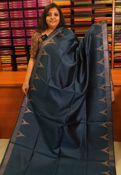 Jute Tussar Silk - Temple Border Blue