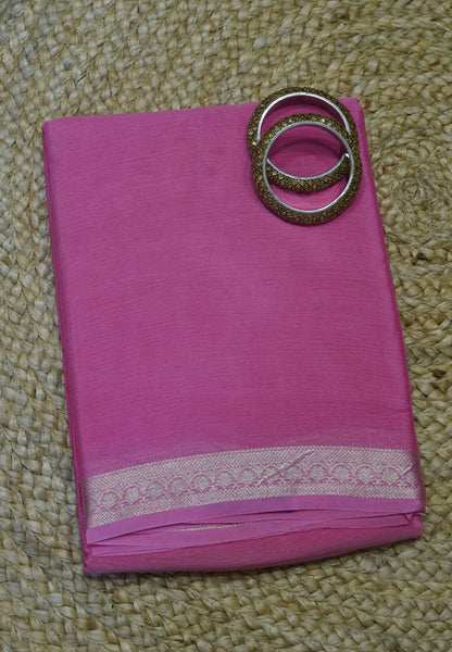 Semi Mysore Silk Saree - Pink with Small Border