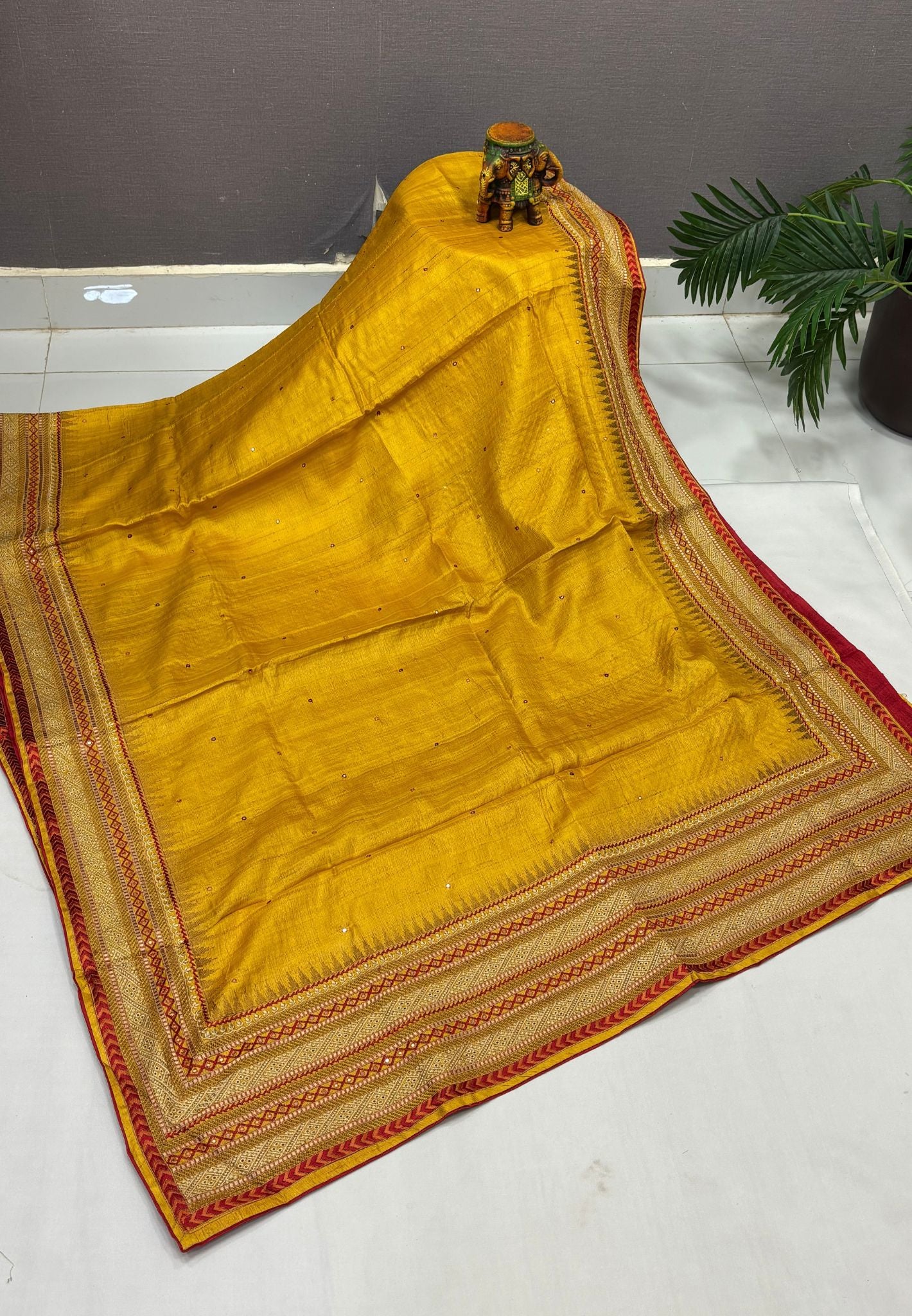 Pure Jute Silk Saree-Mustard In Tower Embroidery Border
