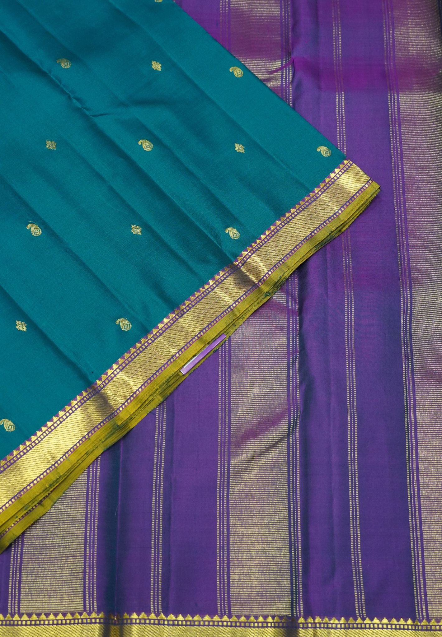 Pure Kanchipuram Silk Saree - Peacock Green with Small Border