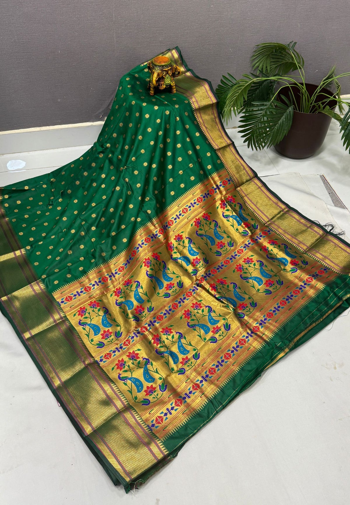 Traditional Peacock Floral Brocade Border - Green