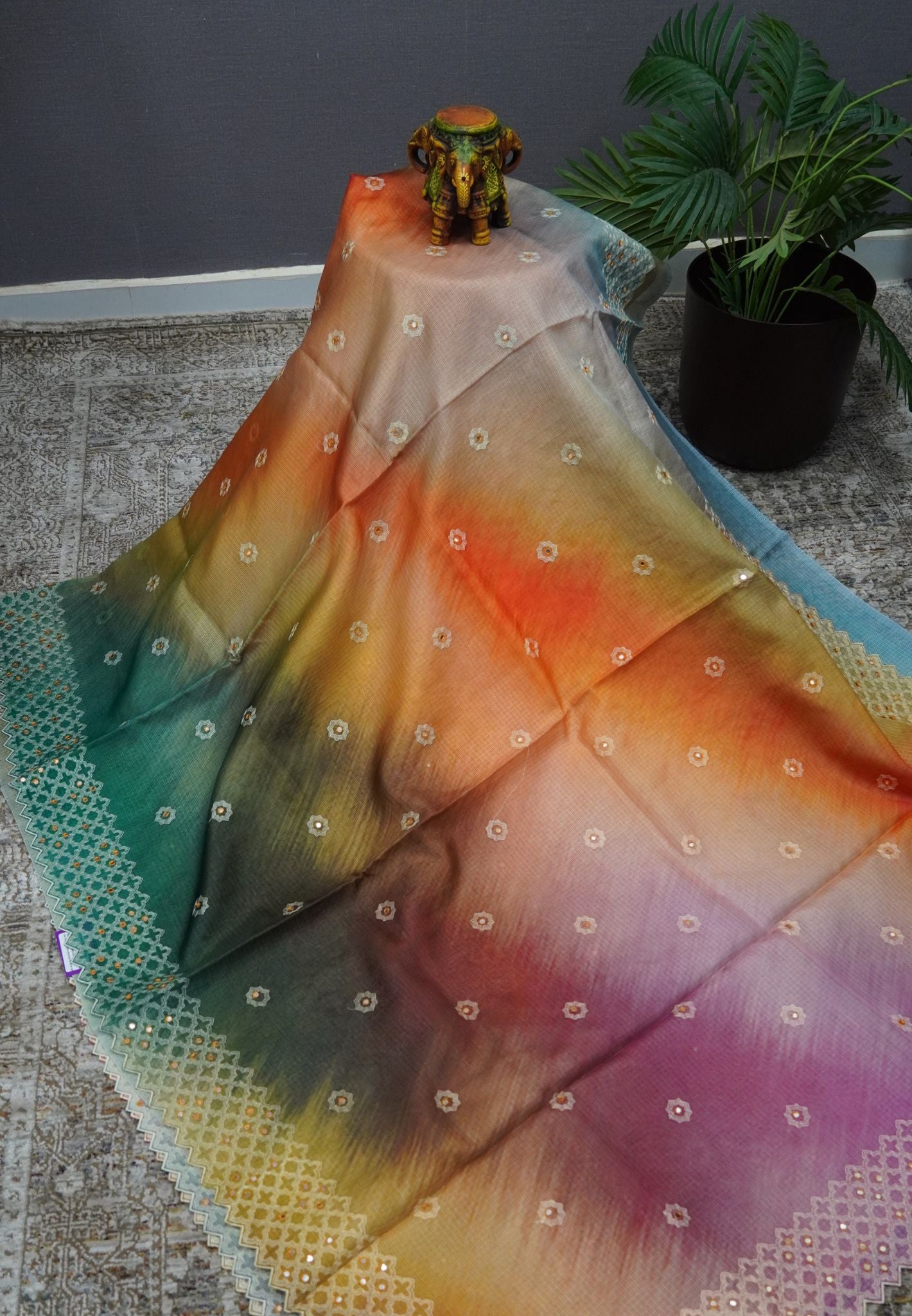 Kota Saree Green-Orange Multi Shade with Mirror Work