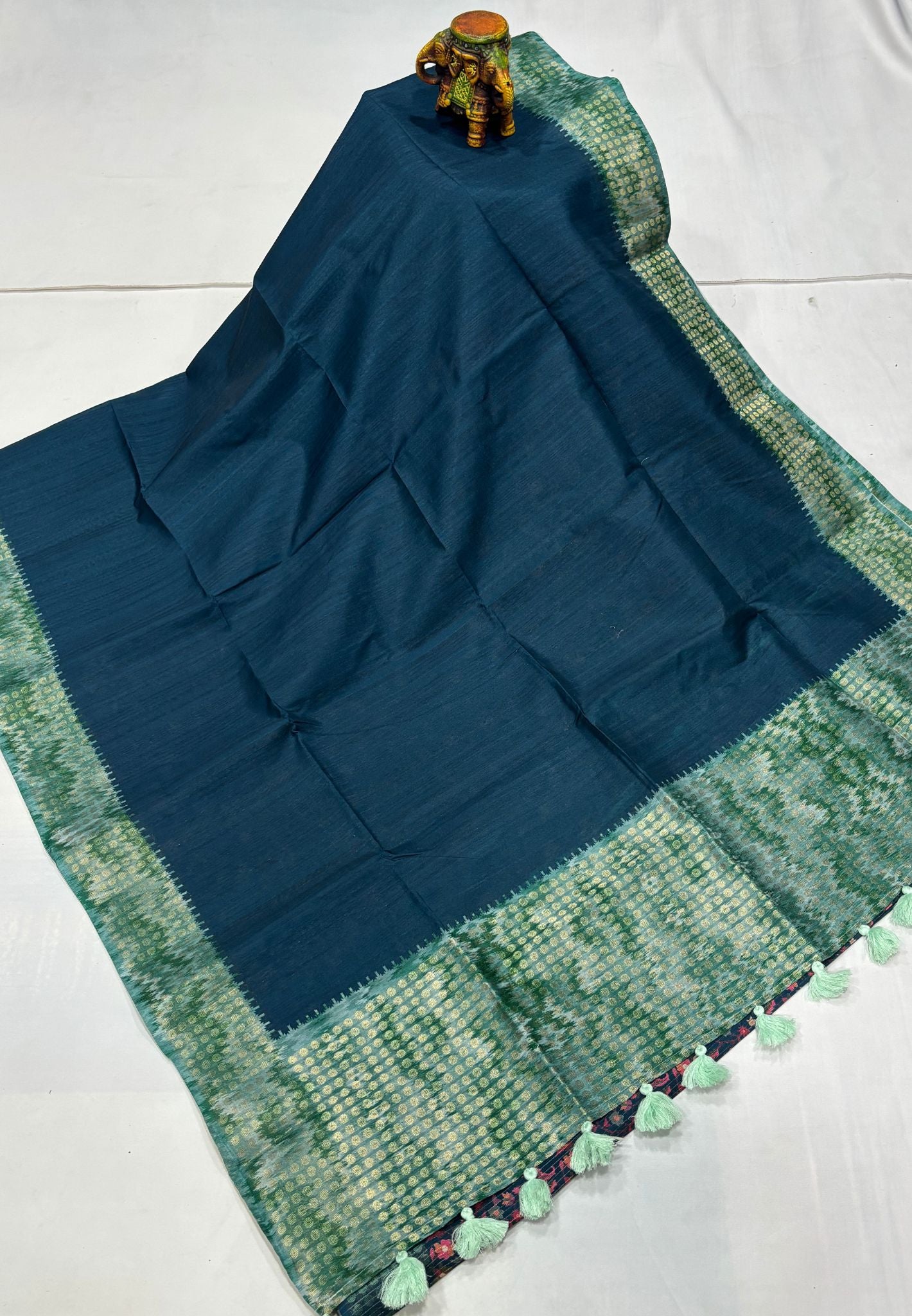 Semi Tussar Saree- Peacock Blue with Coin Zari Border