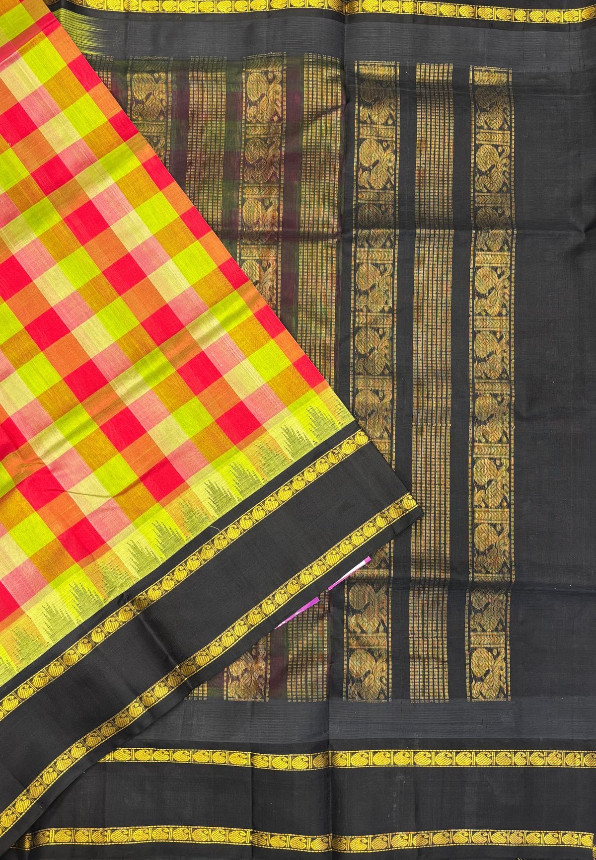 Pure Silk Cotton Saree–Light Green in Checked Zari with Contrast Border