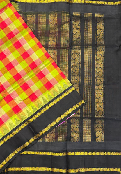 Pure Silk Cotton Saree–Light Green in Checked Zari with Contrast Border