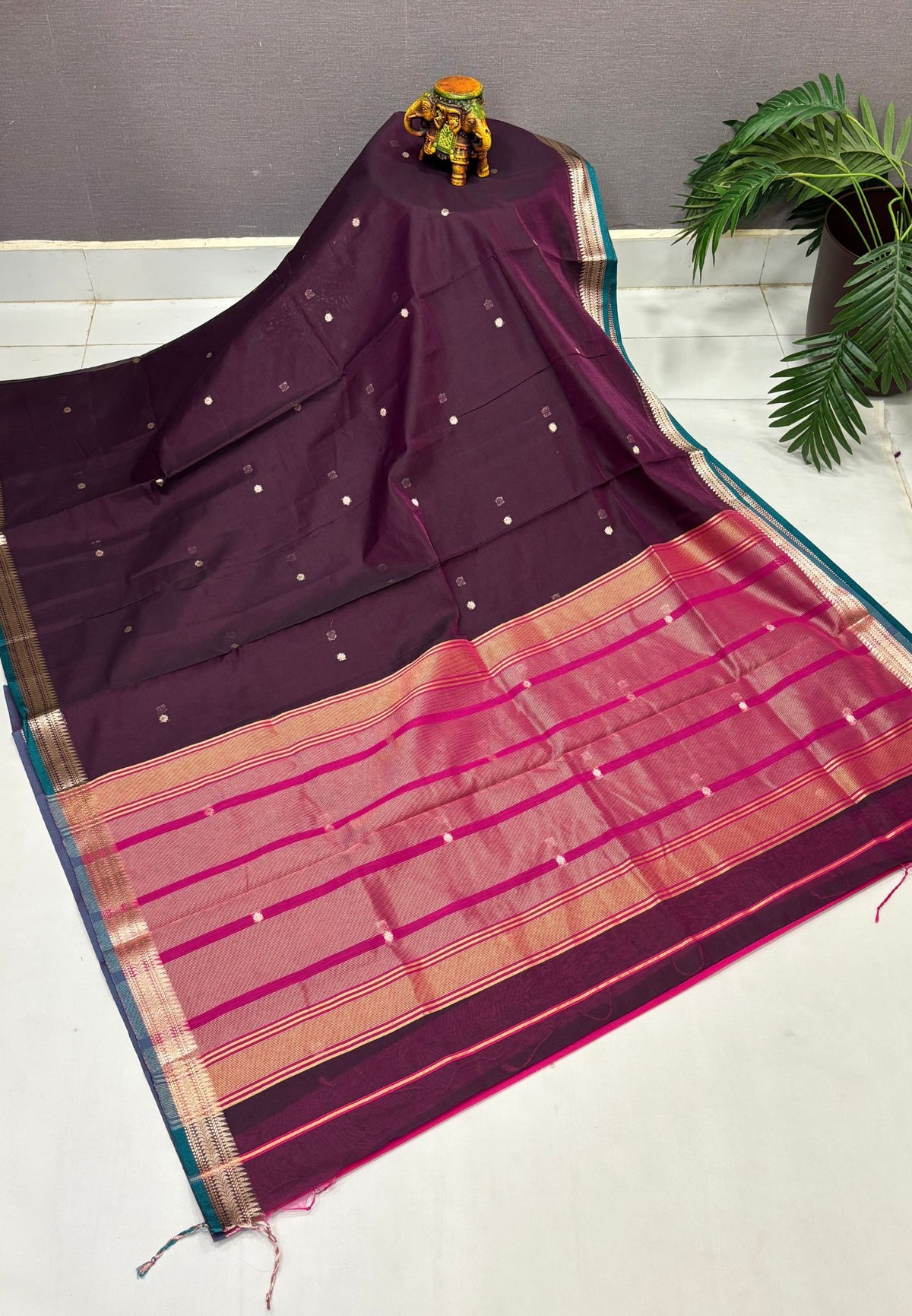 Semi Maheswari Saree-Wine In Horizontal Stripe Zari With Contrast Border