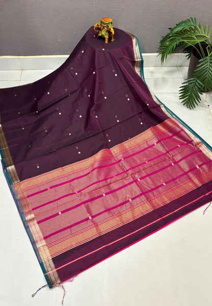 Semi Maheswari Saree-Wine In Horizontal Stripe Zari With Contrast Border