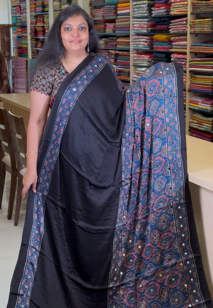 Pure Modal Silk Saree-Original Mirror Work &Traditional Printed Motifs - blue