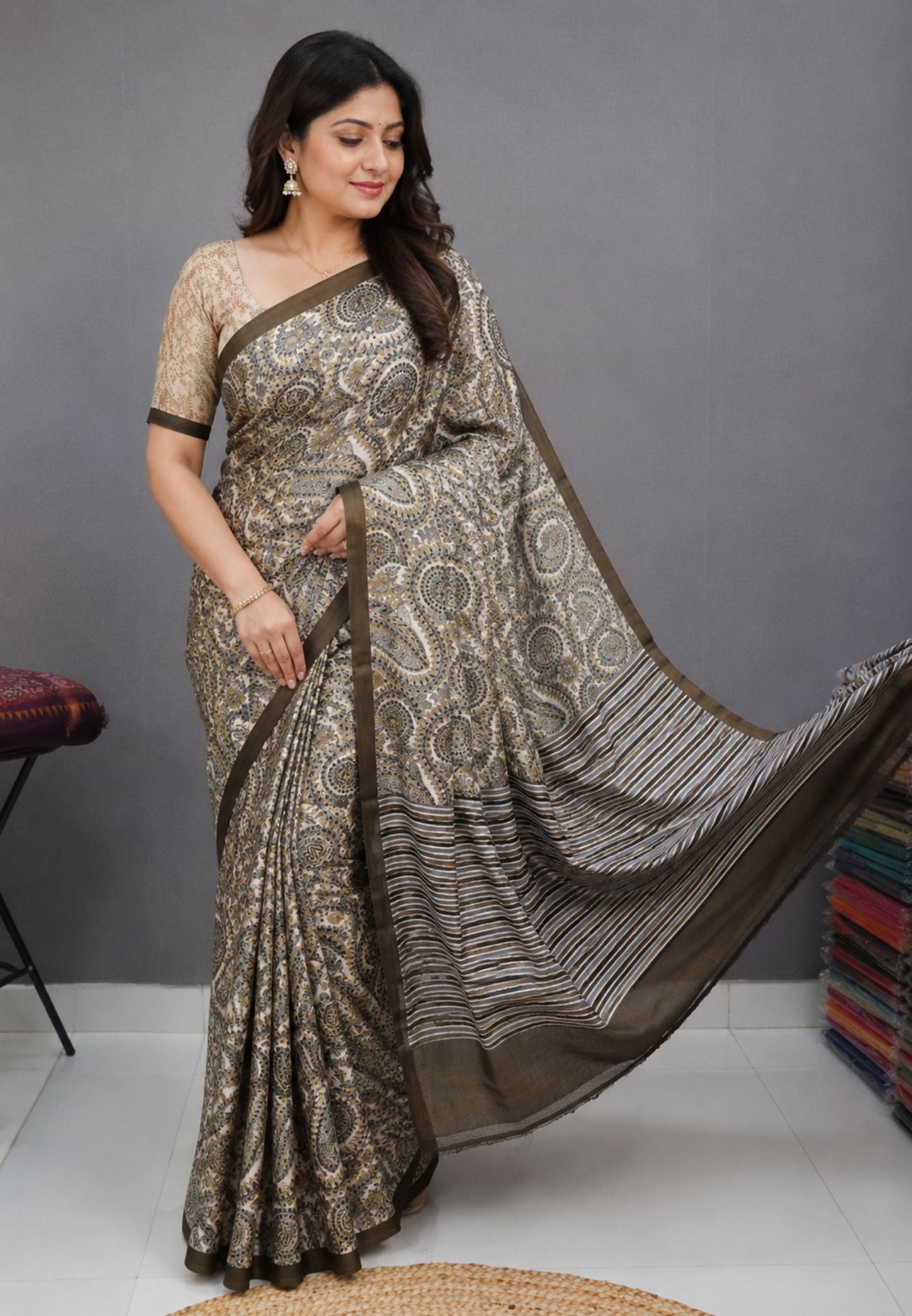 Pure Tussar Saree-Dark Sage Paisley Pattern
