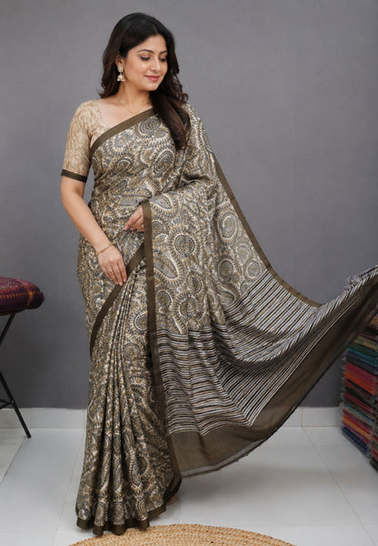 Pure Tussar Saree-Dark Sage Paisley Pattern