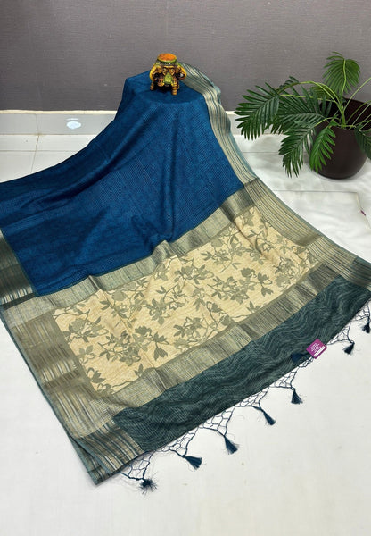 Muslin Tussar Saree-Blue In Floral Vine Border