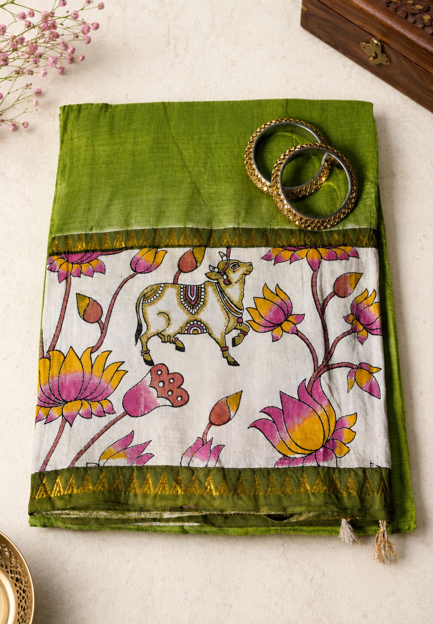 Kalamkari Silk Saree - Olive Green