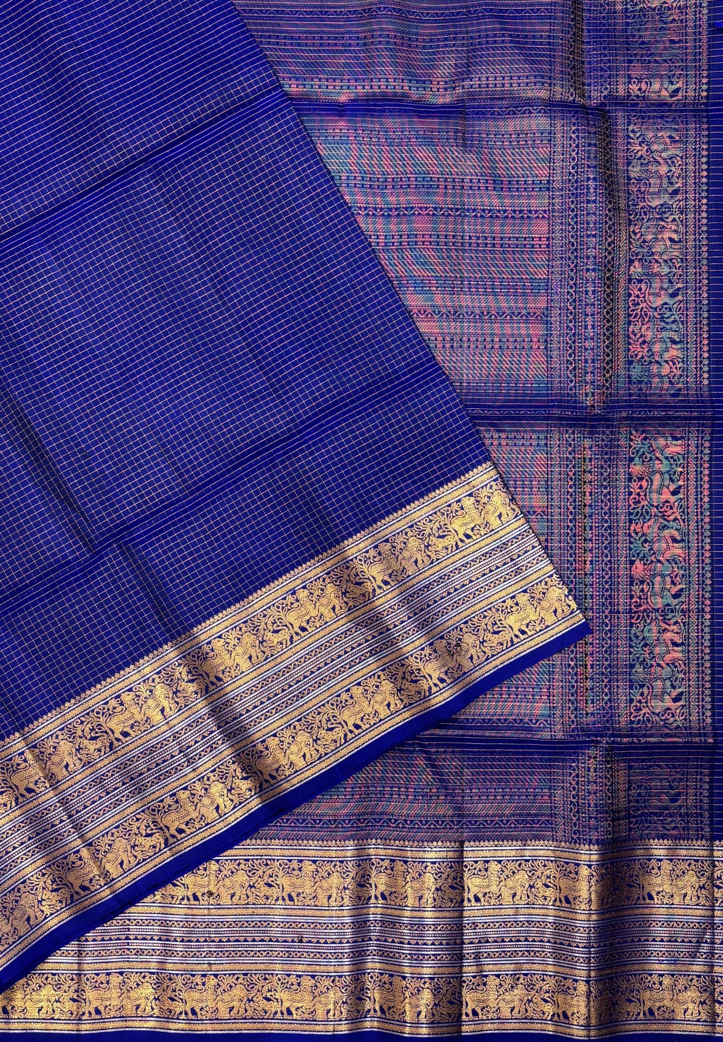Pure Kanchipuram Silk Saree-Royal Blue in Elephant & Yaali Zari Border