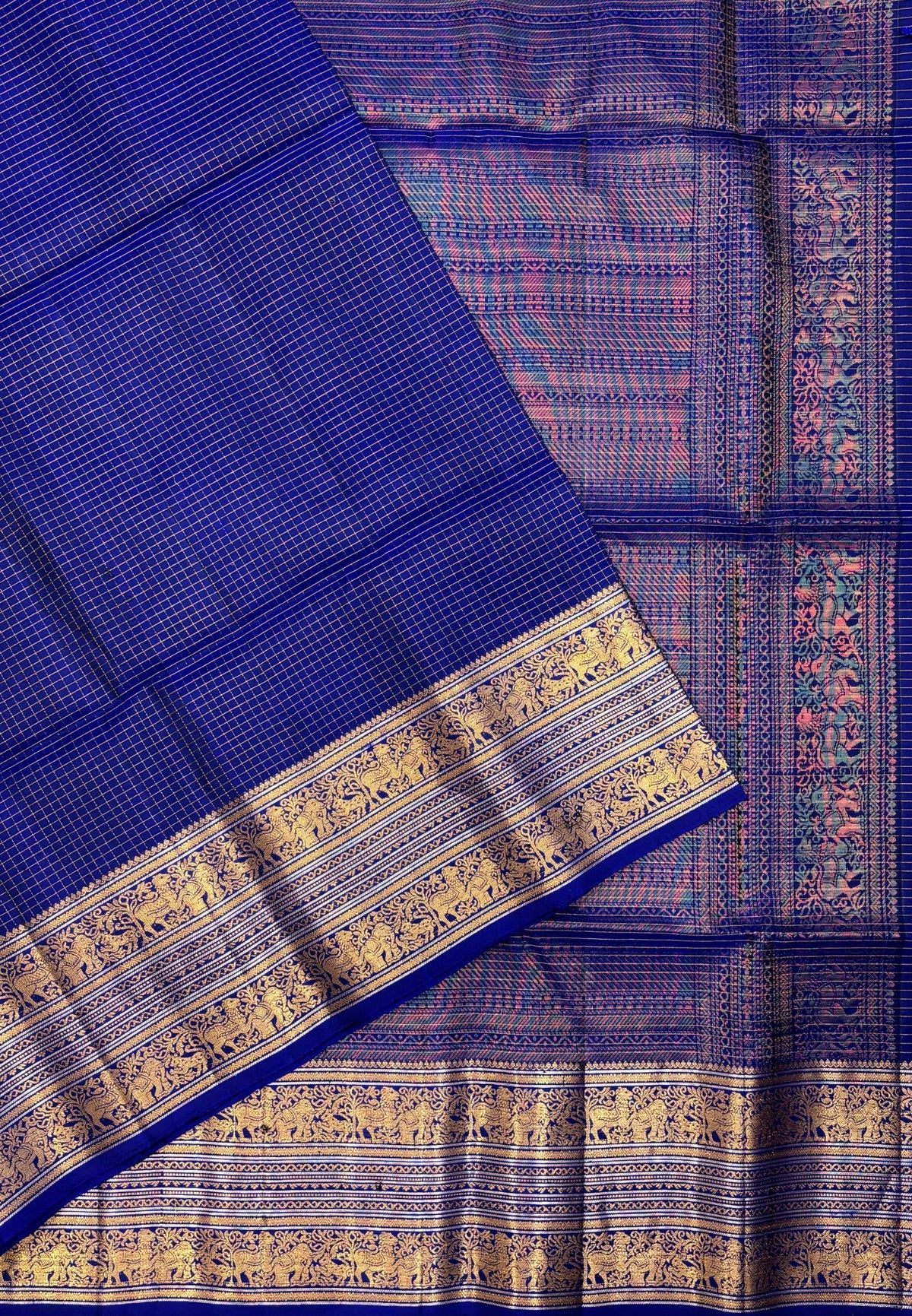 Pure Kanchipuram Silk Saree-Royal Blue in Elephant & Yaali Zari Border