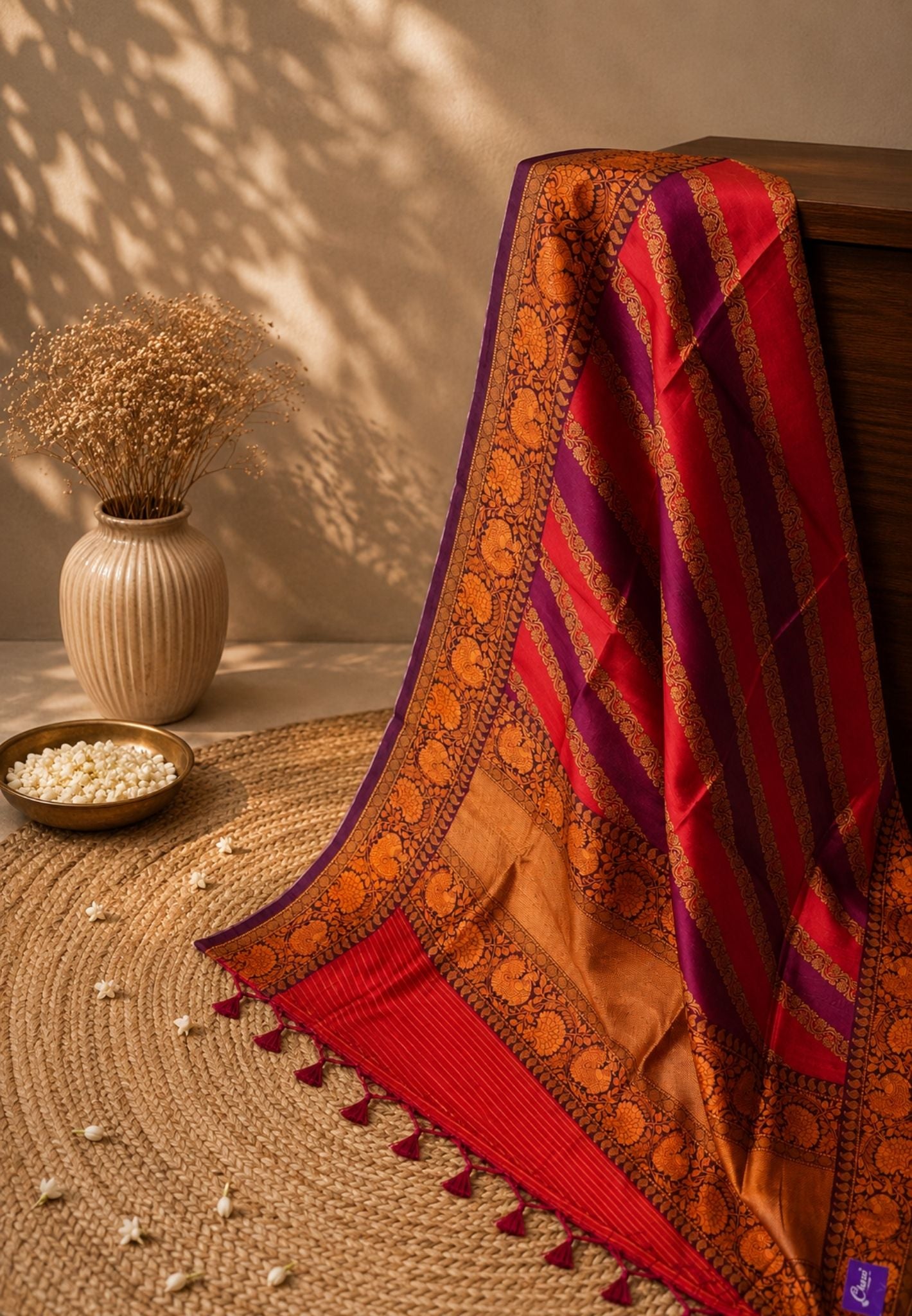 Tussar Saree-Red with Kalamkari Border