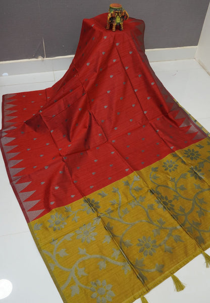 Semi Raw Silk Saree-Red in Antique Silver Zari Butta with Tower Border